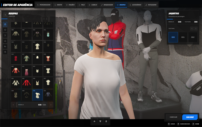 Novo editor de aparência de Daydream, com abas de rosto, pele, cabelo, roupas e acessórios
