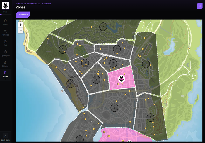 Painel da organização mostrando as zonas dominadas pela crew em Los Santos