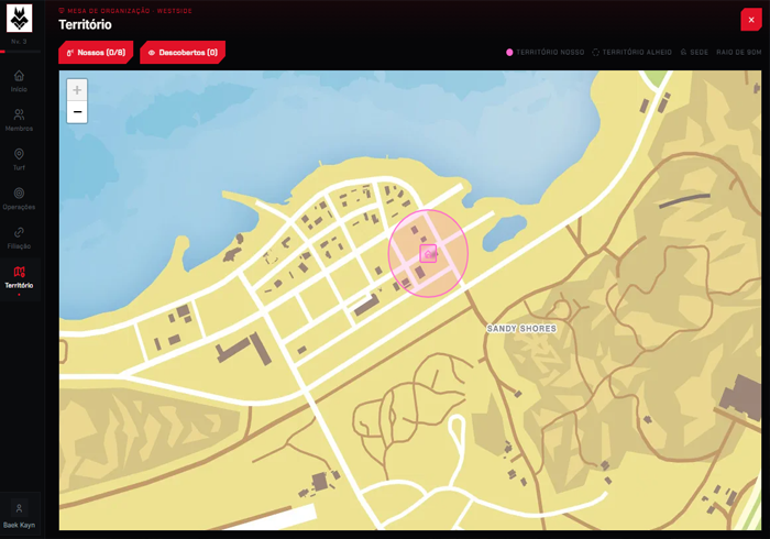 Painel da organização mostrando o território da gangue em Sandy Shores